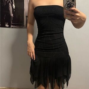 Black Asymmetrical Ruched Strapless Cocktail Dress
